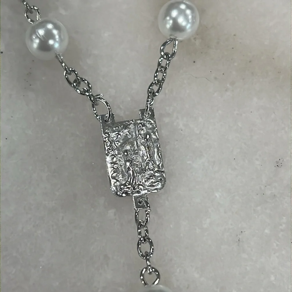 5 Decade Rosary Prayer Faux Pearl Bead Bracelet